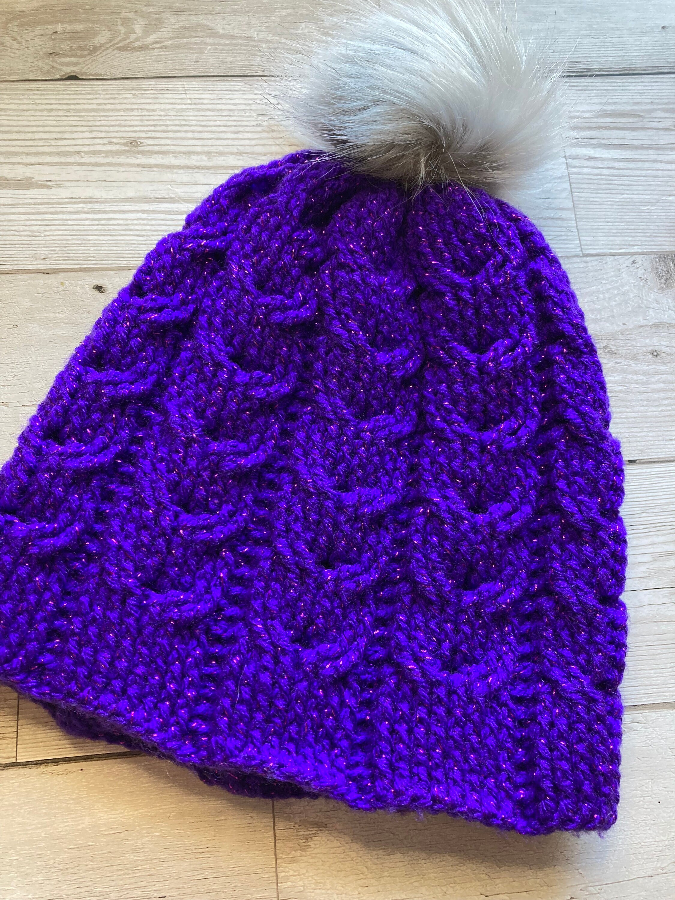 Purple Crochet Cable Hat With Glitter, Faux Fur Pom Pom - Etsy display picture 1