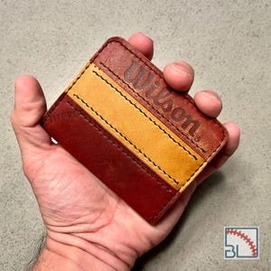 May include: A rectangular leather card holder featuring a dark reddish-brown exterior with a central horizontal tan stripe. The word Wilson is embossed in the upper right corner, and the word TITE-GRIP is embossed on the left side, with black stitching.