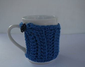 Mug Cozy, Navy Blue Mug Jacket with Loop and Flower Button, Crochet Re-Useable Mug Cover