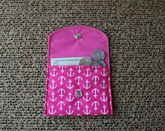 Small Hot Pink Fabric Coin Purse~ Gift Card Holder~ Anchor Print Fabric,