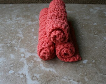 Dish Rags~ Face Cloths~ 100% Cotton Hand Crocheted Spa Cloths~ Bright Peach