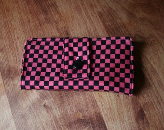 Checkered Hot Pink and Black Womens Fabric Wallet, Handmade Organizer, Card Wallet, Checkbook Holder, Flat Money Holder