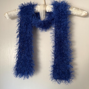 Skinny scarf Deep blue knit neckwear Fuzzy fun fur Medium length neck warmer
