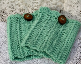 Tall Boot Cuffs Green with Handmade Wood Button Adornment