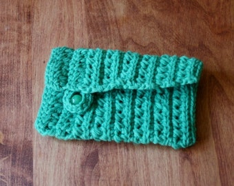 Green Crocheted Clutch, Button Closure,  Cell Phone Holder, Small Clutch,