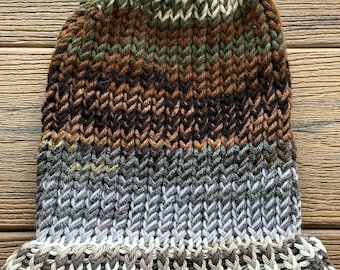 Knit Scrappy Yarn Beanie in Earth Tone Colors Teen Young Adult Winter Hat  Stretchy Soft Warm Easy Care Knit Cap