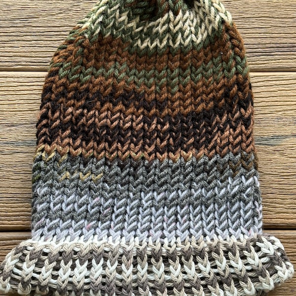 Knit Scrappy Yarn Beanie in Earth Tone Colors Teen Young Adult Winter Hat  Stretchy Soft Warm Easy Care Knit Cap