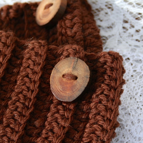 Crochet Boot Cuffs With Handmade Wood Button Accent in Dark Chocolate Brown