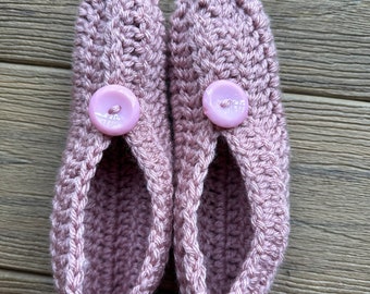 Pink Crocheted House Slippers, Soft Acrylic Yarn and Button Adornment