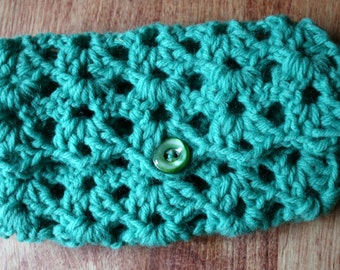 Crocheted Green Clutch in Shell Pattern with  Button Closure