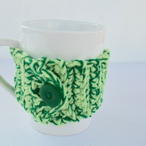 Crochet coffee cup cozy, Green wrap around coffee warmer