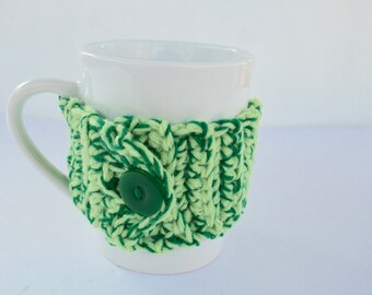 Crochet coffee cup cozy, Green wrap around coffee warmer