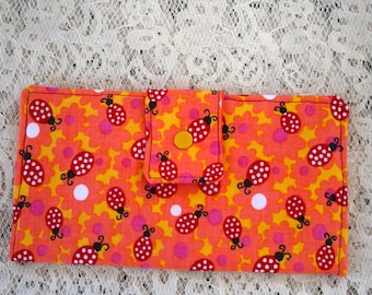 Womens Colorful Orange Wallet And Ladybugs Snap Closure Large Pocket Card Slots