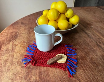 Mug rug crocheted burgundy and blue with fringe, Crochet square coaster, Coffee lover gift, Fringed mug rug, Table coaster, Rectangle