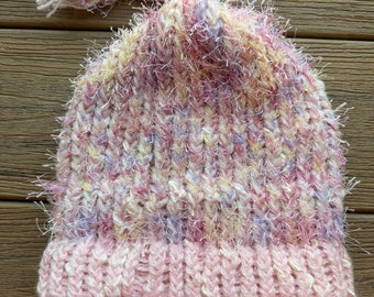Pink Fuzzy Knit Hat Young Adult or Child With Tassel   Soft Warm Thick Brimmed Beanie   Multi Colors of Pink Hat