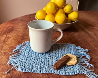 Crochet Mug Rug, Steel Blue 100% Cotton Yarn, Small Placemats, Small Furniture Rug, Table Top Protector, Crochet Rectangle Coasters, Mug Rug