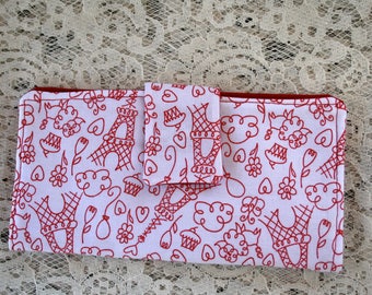 Women's Red White Fabric Wallet with Card Slot & Zipper Pouch