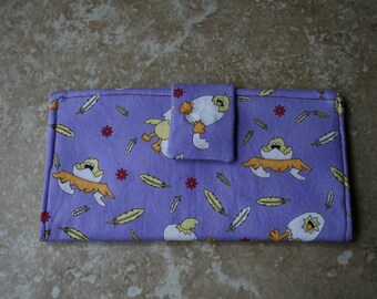Wallet in Purple with Funky Chickens, Cotton Fabric Bi-fold Clutch Style