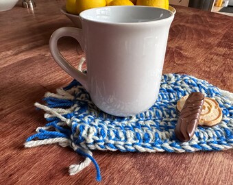 Mug rug crocheted blue white with fringe, Crochet square coaster, Coffee lover gift, Boho farmhouse decor,