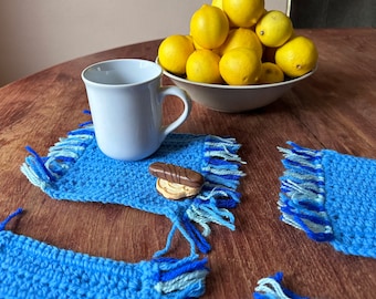 Mug Rug Crocheted in Blue, Crochet square coaster, Gift for Coffee Lover, Fringed mug rug, Rectangle Table Coaster, Set of 4 Mug Rugs