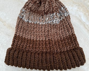 Knit Beanie in Multi Browns  Teen Adult Thick Warm Ski Hat  Unisex Beanie  Warm Cozy Winter Wear Knitted Cuff Beanie