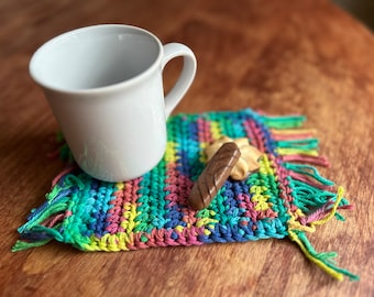 Mug Rug Crocheted in 100% Variegated Cotton Yarn, Crochet square coaster, Gift for Coffee Lover, Fringed mug rug, Rectangle Table Coaster