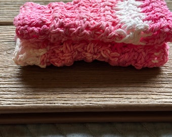 Crochet 100% Cotton Pink White Farmhouse Dishcloth, Set of 2 Wash Rags, Eco-Friendly Reusable Dish Cloth