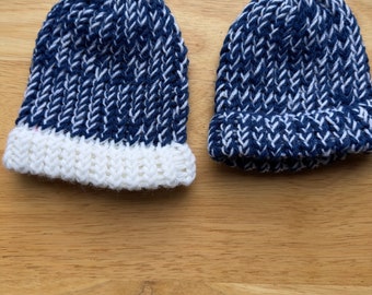 Blue and White Preemie Knit Beanie  Child Short Winter Hat  Handcrafted Blue Baby Beanie