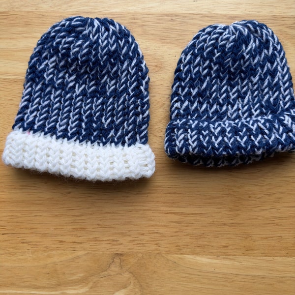 Blue and White Preemie Knit Beanie  Child Short Winter Hat  Handcrafted Blue Baby Beanie