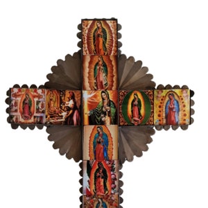 Wall Cross Mexican Virgin of Guadalupe Tin Decoupaged Wood Tile Religious Large 15in
