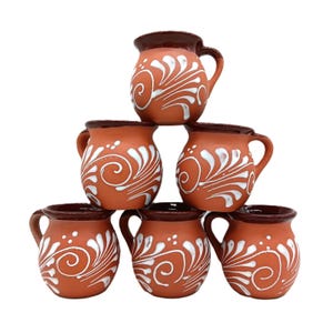 Mexican Pottery Coffee Cup Set 6 Tazas de Barro Natural Engobe Clay Ceramic Jarritos 16oz