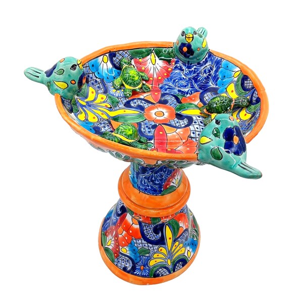 Talavera Pottery Pedestal Bird Bath Ceramic Bowl w/ Birds Perched on Rim Handmade 19in