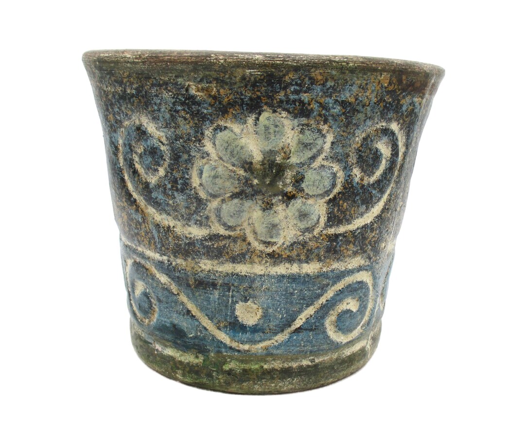 Clay Pottery Planter Kiln Fired Terracotta Flower Pot Large Rustic Blue