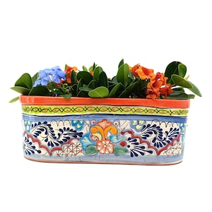 Talavera Pottery Planter Mexican Ceramic Flower Pot Oval Puebla Blue Large 14"