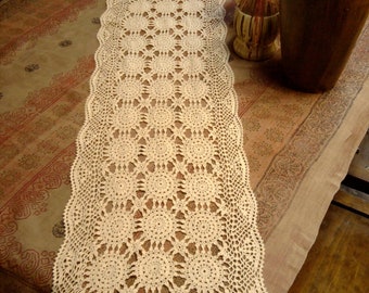 Vintage Crochet Table Runner Handmade Beige Cream Long Rectangle Doily 13x70in Clean