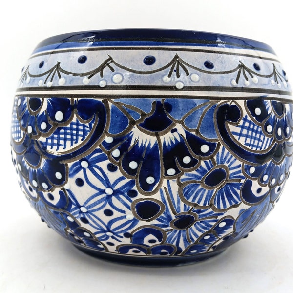 Talavera Pottery Planter Handmade Mexican Ceramic Flower Pot Blue White 5x8in