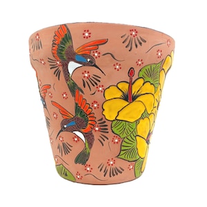 May include: A terracotta-colored ceramic flower pot with hand-painted hummingbirds and yellow hibiscus flowers. The hummingbirds have orange, green, and blue details. The flowers have green leaves and red stamens. The pot has a unique, curved shape.