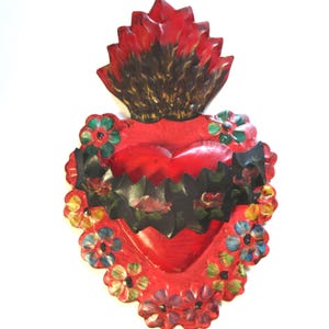 Mexican Tin Metal Red Heart Wall Ornament Religious Crown of Thorns Large 11in