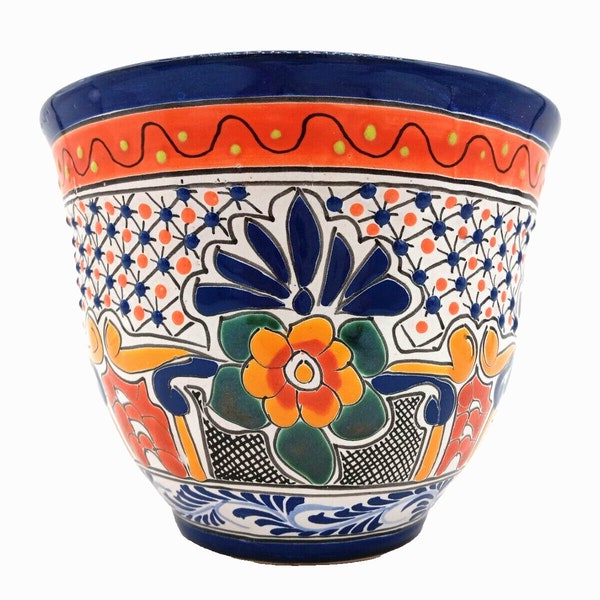 Talavera Pottery Planter Handmade Mexican Ceramic Flower Pot Blue Orange 7x9in