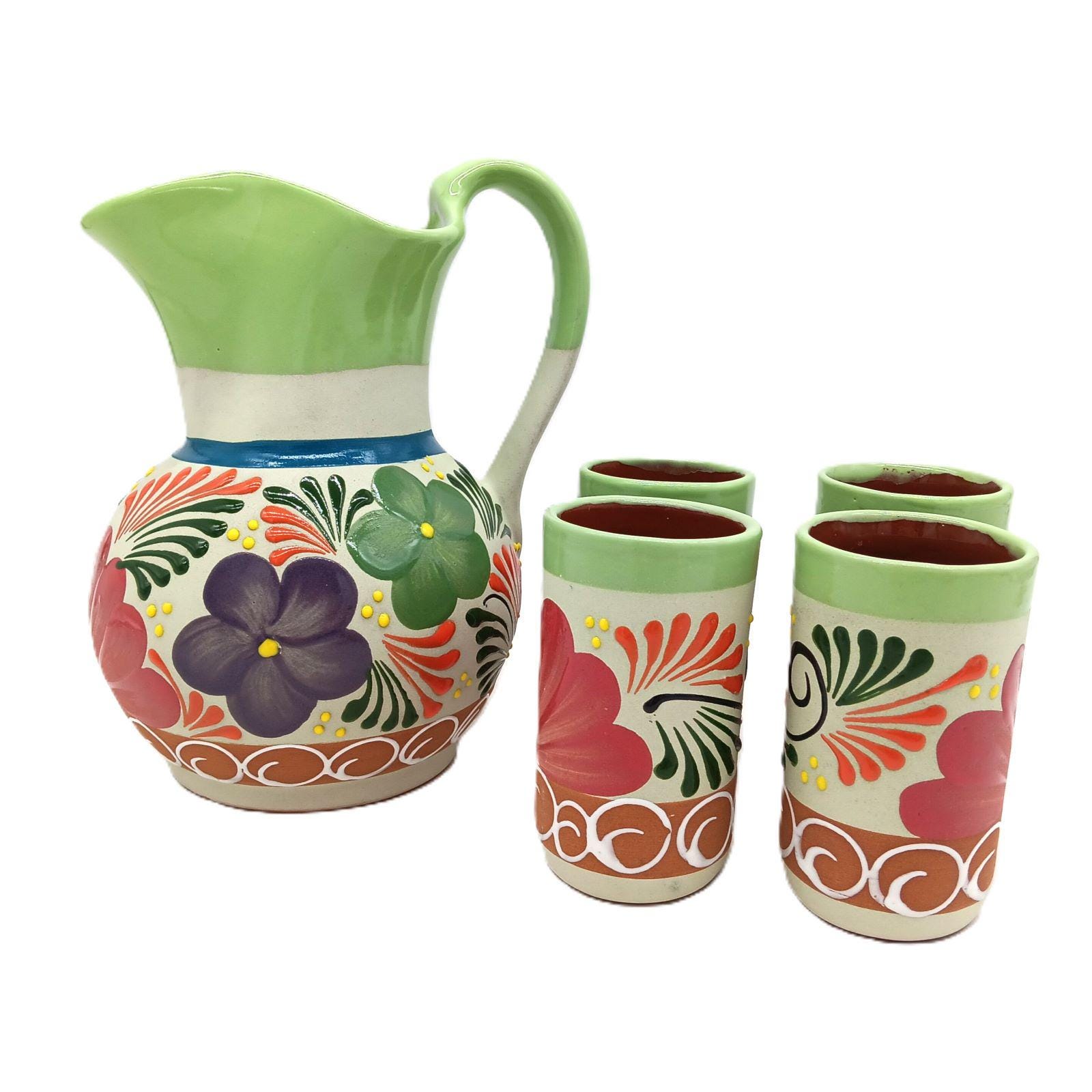 Mexican Pottery Water Sangria Pitcher Glass Set Painted Engobe Clay Green Ceramic
