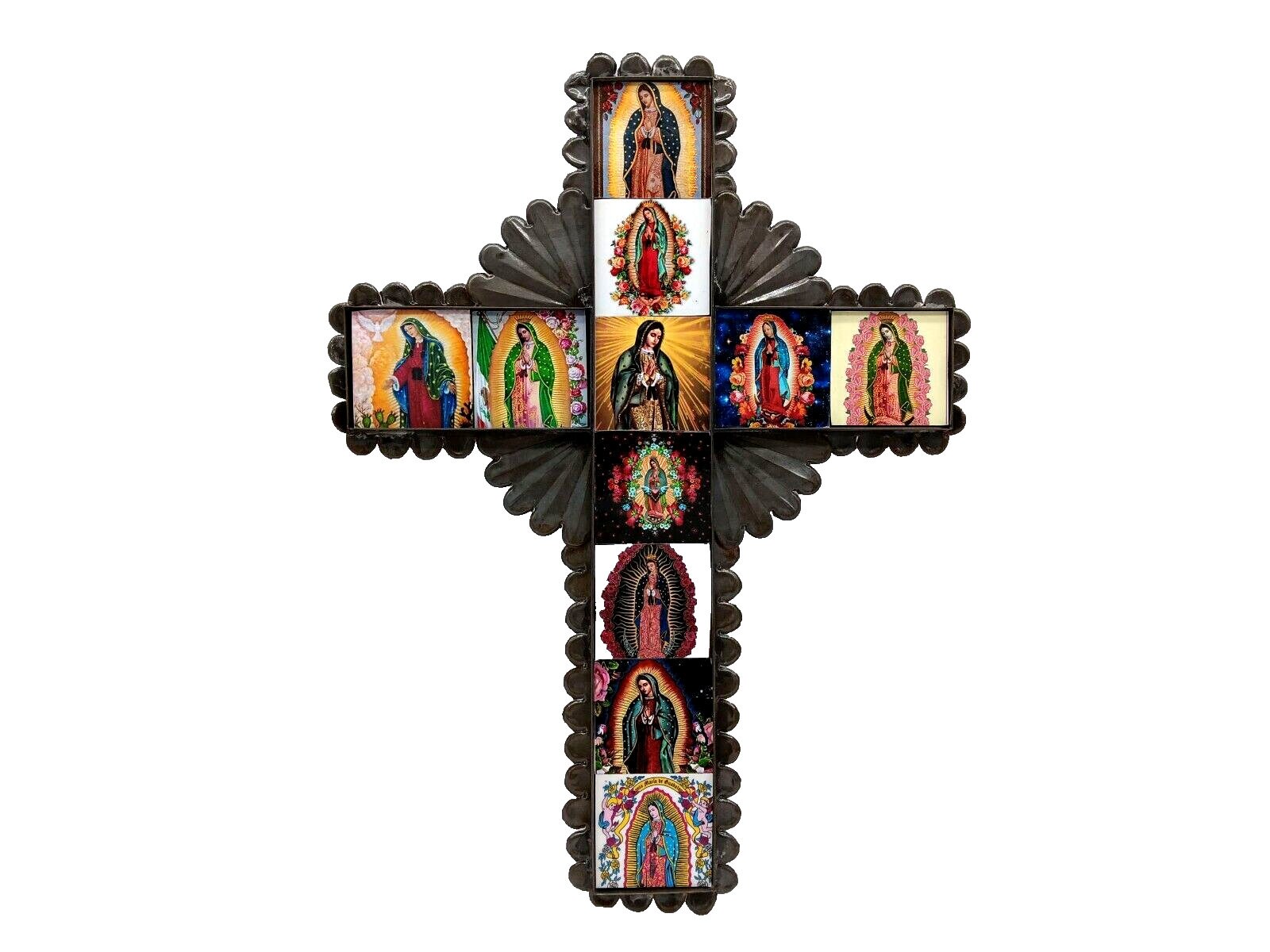 Wall Cross Mexican Virgin of Guadalupe Tin Decoupaged Wood