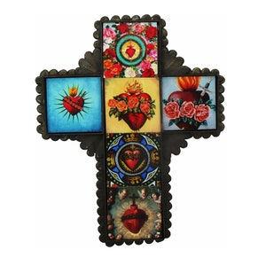Religious Wall Cross Mexican Rose Heart Decoupaged Wood Tile Tin Art Ornament Handmade 8in