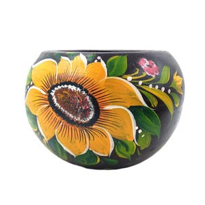 Rustic Planter Terracotta Clay Pottery Hand Painted Flower Pot Bowl Large  Brown Yellow Sunflower