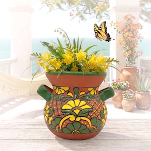Mexican Engobe Clay Pottery Planter Terracotta Flower Pot Green Yellow Large