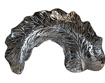 Pewter Metal Leaf Tray Bowl Kitchen Serving Tropical Botanical Decor Silver Tone 13"