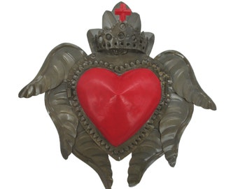 Boîte en verre mexicaine coeur en étain, décoration murale Nicho, grande niche faite main, 11 po.