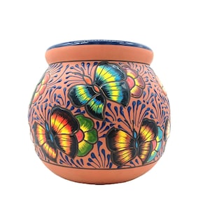 Mexican Engobe Clay Pottery Planter Terracotta Flower Pot Butterfly Ceramic Talavera Large Round Sphere 13in