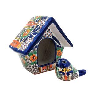 Talavera Pottery Bird House Mexican Puebla Ceramic Hand Painted Blue Outdoor Wall Mount