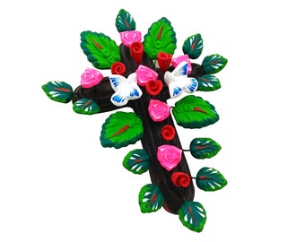 Mexican Clay Pottery Tree of Life Religious Wall Cross Dove Rose Large 12in