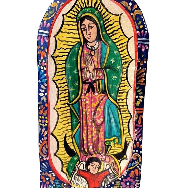 Mexican Santo Painting Carved Wood Bowl Batea Virgin of Guadalupe Religious Wall Art 12in